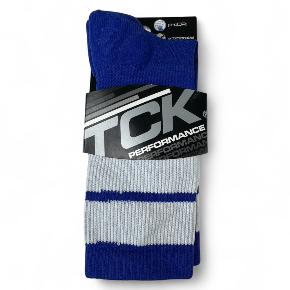 TCK Performance Athletic Crew Socks Size Small Blue and White Striped‎ NWT